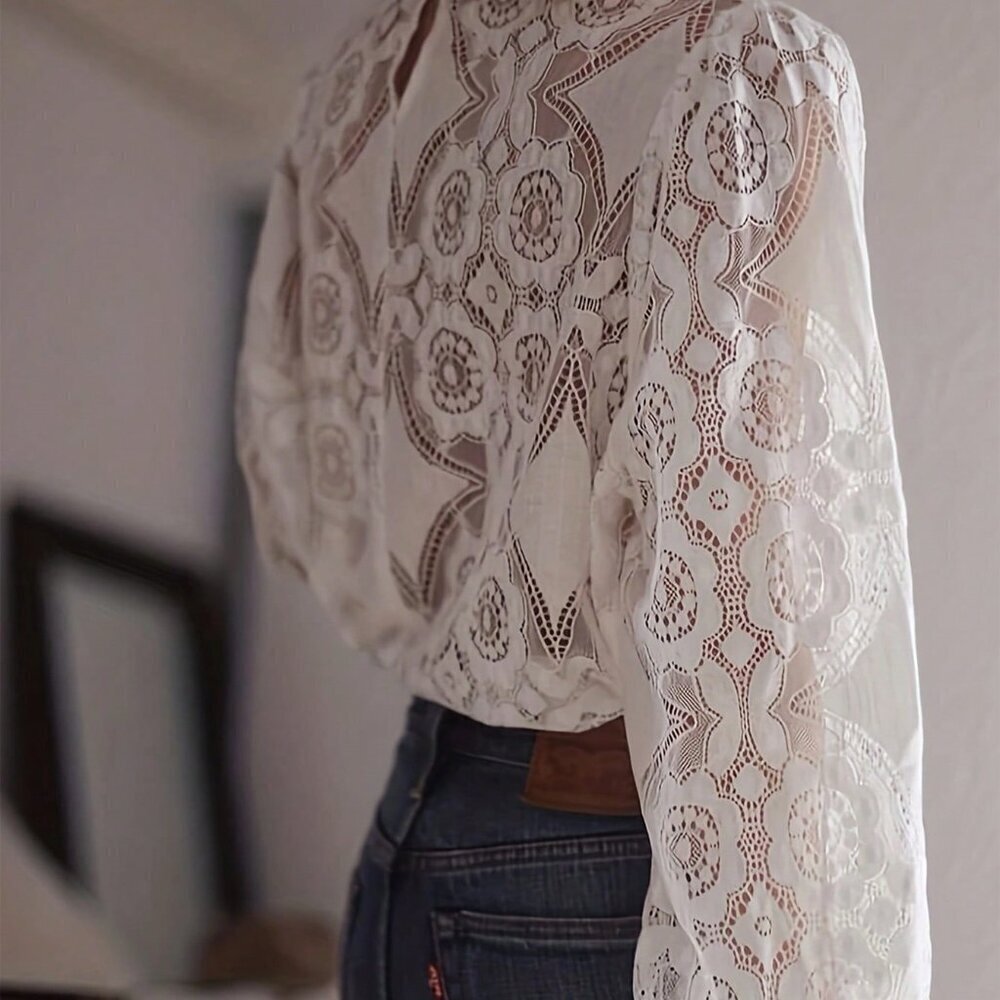 White Elegant Women's Stand Collar Patchwork Lace Long Sleeve Hollow Out Blouse - Picture 3 of 5